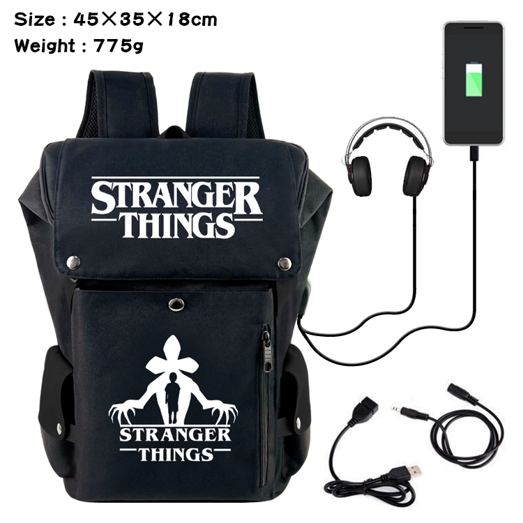 Stranger Things Anime Canvas Bucket Data Cable Backpack School Bag 45X35X18CM 775G