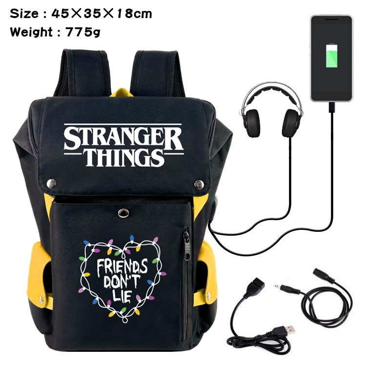 Stranger Things Anime Canvas Bucket Data Cable Backpack School Bag 45X35X18CM 775G