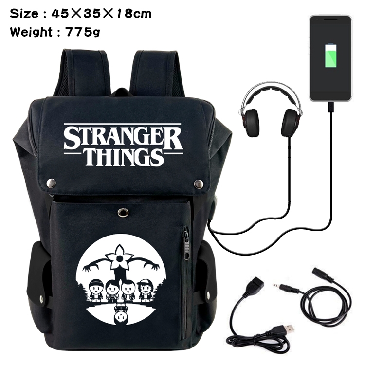 Stranger Things Anime Canvas Bucket Data Cable Backpack School Bag 45X35X18CM 775G