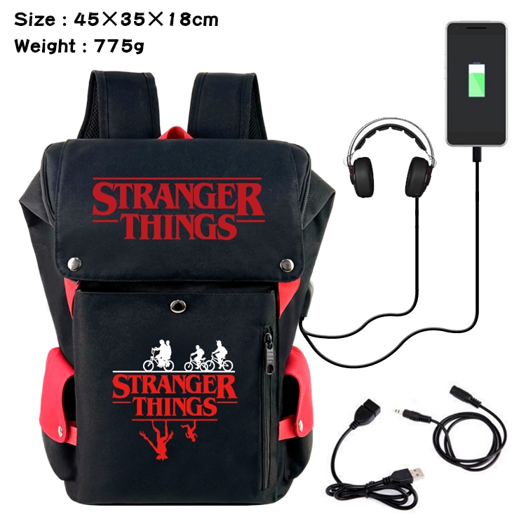 Stranger Things Anime Canvas Bucket Data Cable Backpack School Bag 45X35X18CM 775G