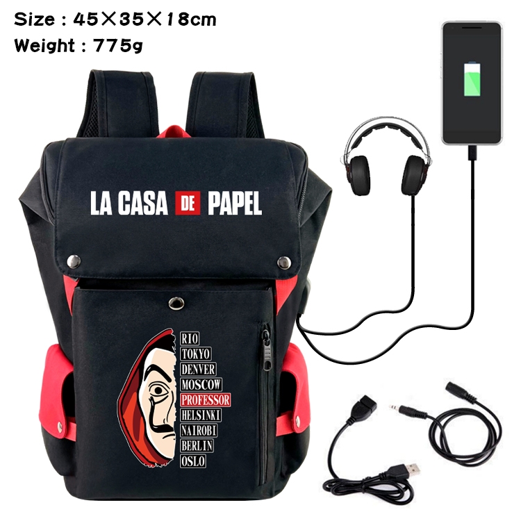 Money Heist Anime Canvas Bucket Data Cable Backpack 45X35X18CM