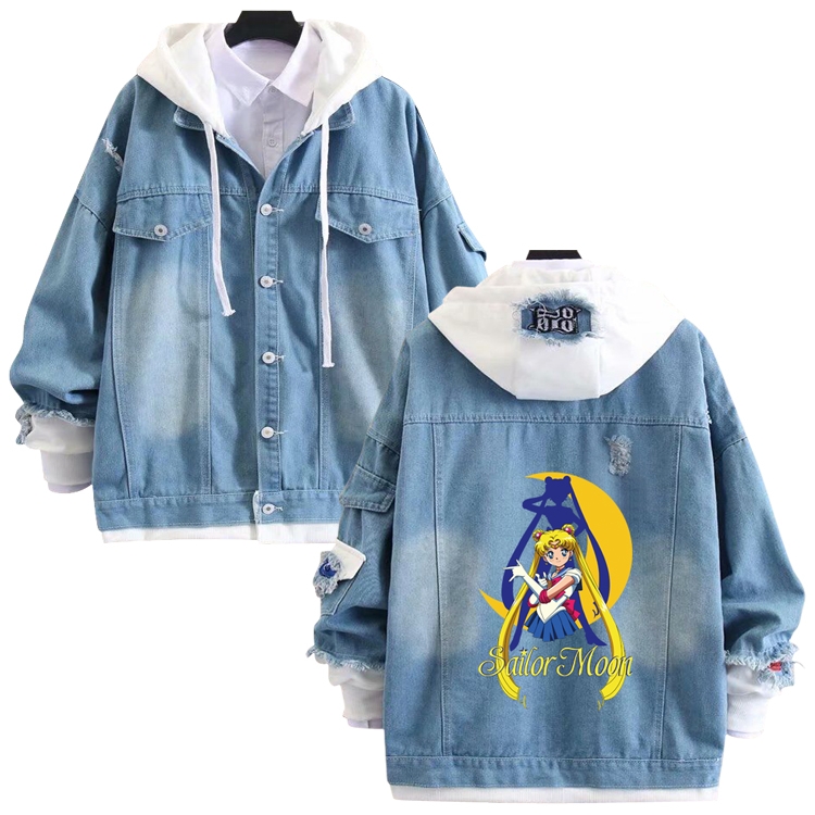 sailormoon anime stitching denim jacket top sweater from S to 4XL