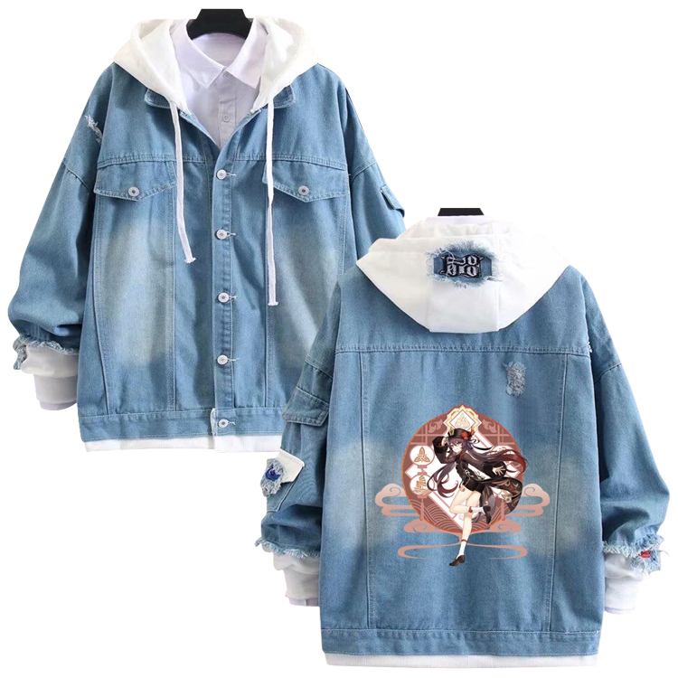 Genshin Impact anime stitching denim jacket top sweater from S to 4XL