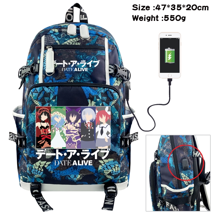 Date-A-Live Anime data cable camouflage print backpack schoolbag 47x35x20cm