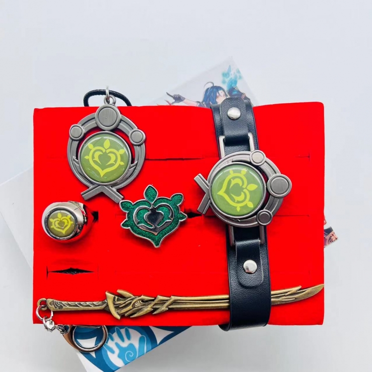 Genshin Impact Game ring leather bracelet necklace 5-piece box style C