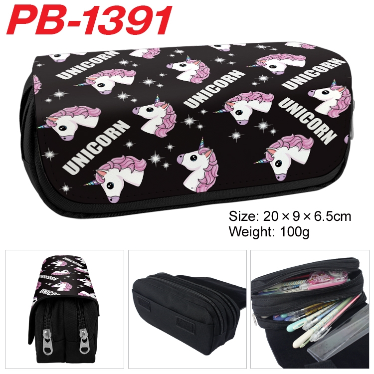 Unicorn Cartoon double-layer zipper canvas stationery case pencil Bag 20×9×6.5cm  PB-1391