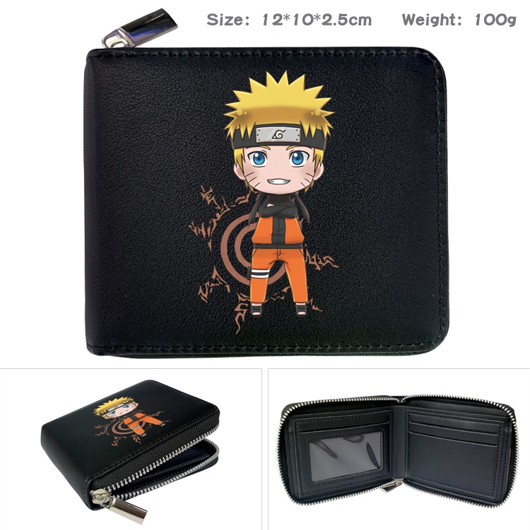 Naruto Anime zipper black leather half-fold wallet 12X10X2.5CM