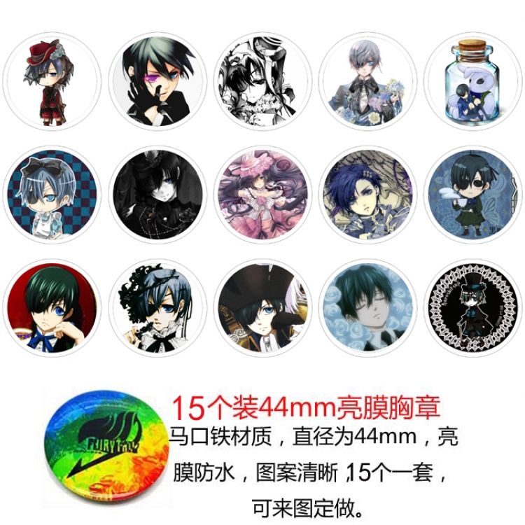 Kuroshitsuji Anime round Badge Bright film badge Brooch 44mm a set of 15