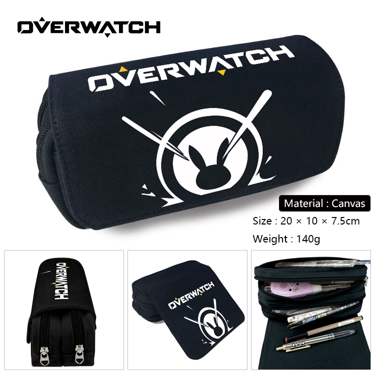Overwatch Anime Multi-Function Double Zipper Canvas Cosmetic Bag Pen Case 20x10x7.5cm