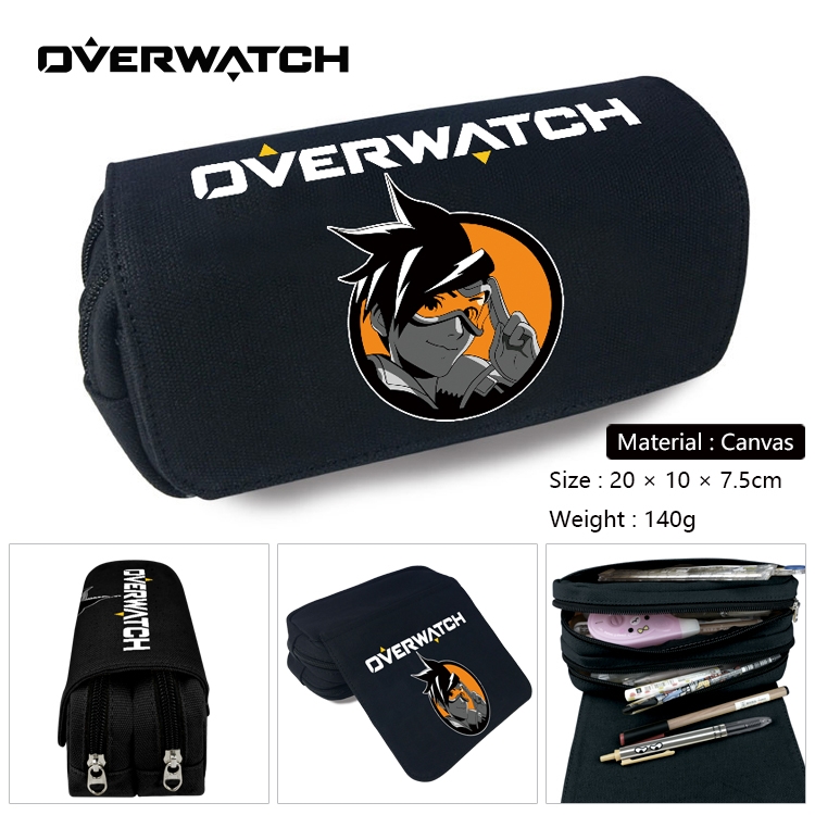 Overwatch Anime Multi-Function Double Zipper Canvas Cosmetic Bag Pen Case 20x10x7.5cm