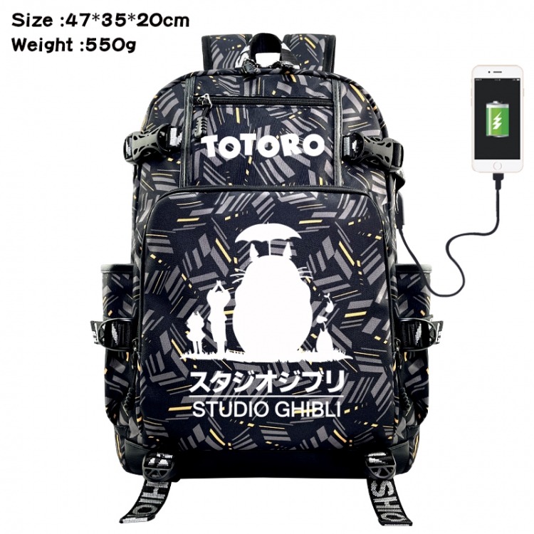 TOTORO Anime data cable camouflage print USB backpack schoolbag 47x35x20cm