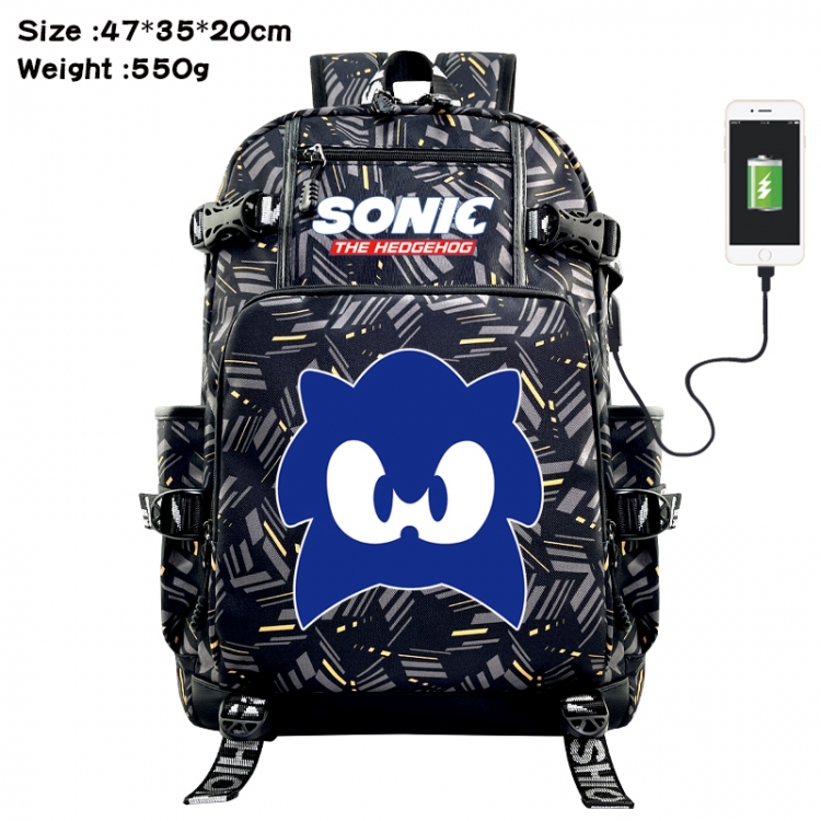 Sonic The Hedgehog Anime data cable camouflage print USB backpack schoolbag 47x35x20cm