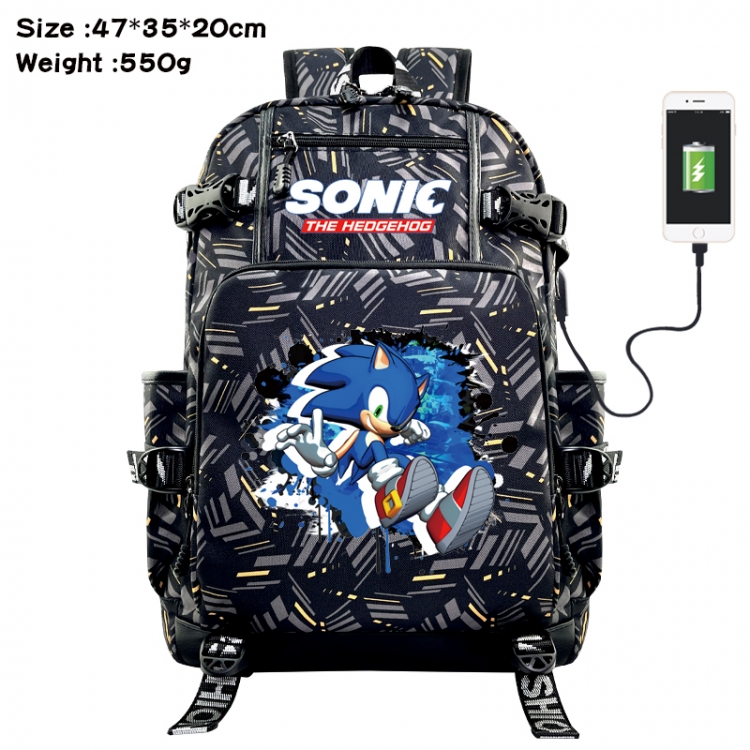 Sonic The Hedgehog Anime data cable camouflage print USB backpack schoolbag 47x35x20cm