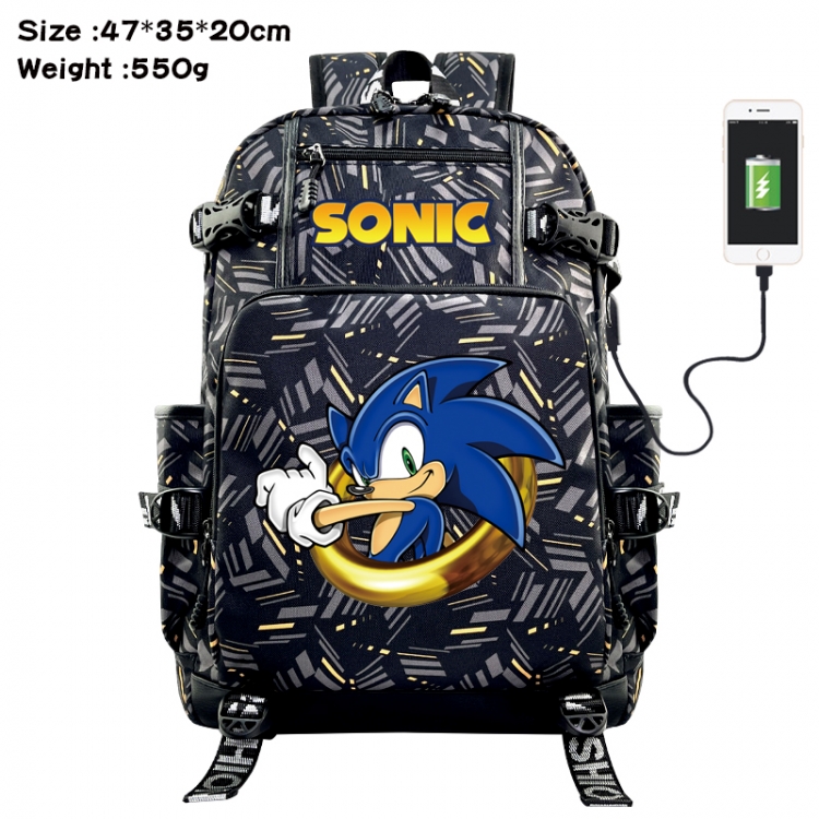 Sonic The Hedgehog Anime data cable camouflage print USB backpack schoolbag 47x35x20cm