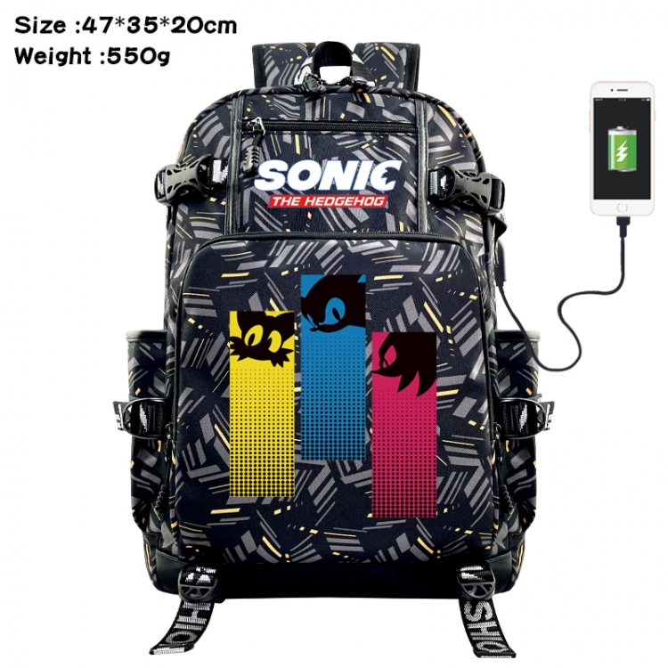 Sonic The Hedgehog Anime data cable camouflage print USB backpack schoolbag 47x35x20cm