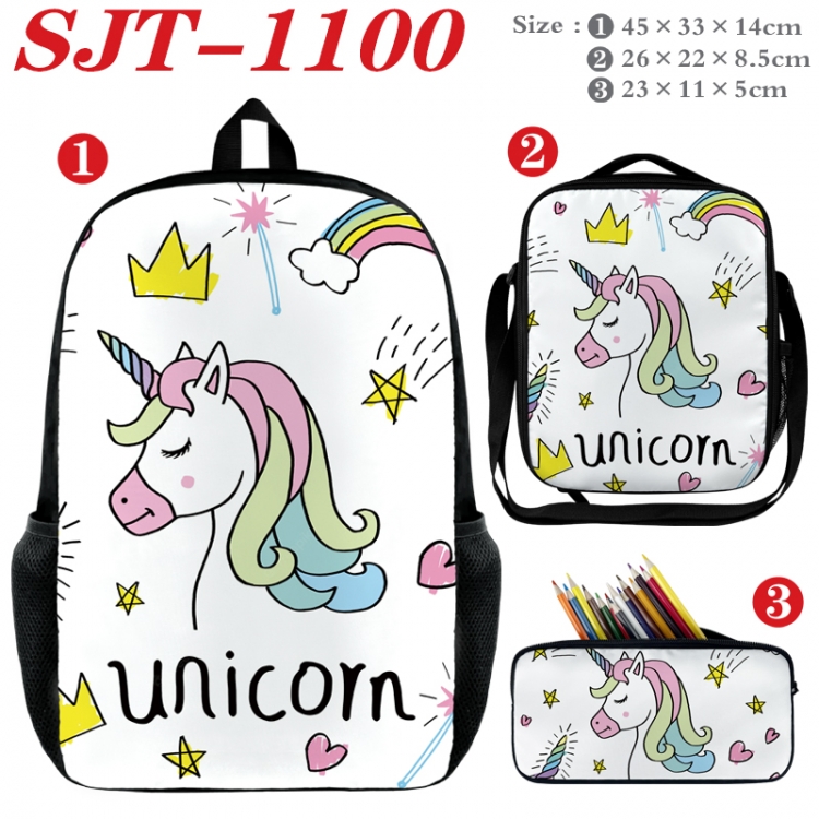 Unicorn Anime nylon canvas backpack pencil case crossbody bag three piece set 45x33x14cm