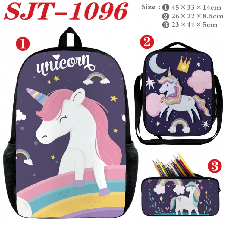 Unicorn Anime nylon canvas backpack pencil case crossbody bag three piece set 45x33x14cm