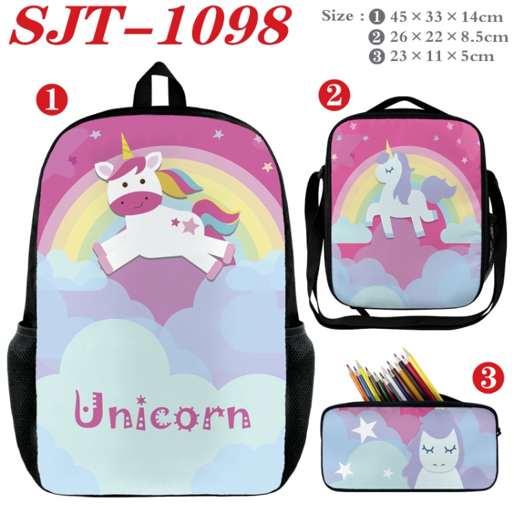 Unicorn Anime nylon canvas backpack pencil case crossbody bag three piece set 45x33x14cm