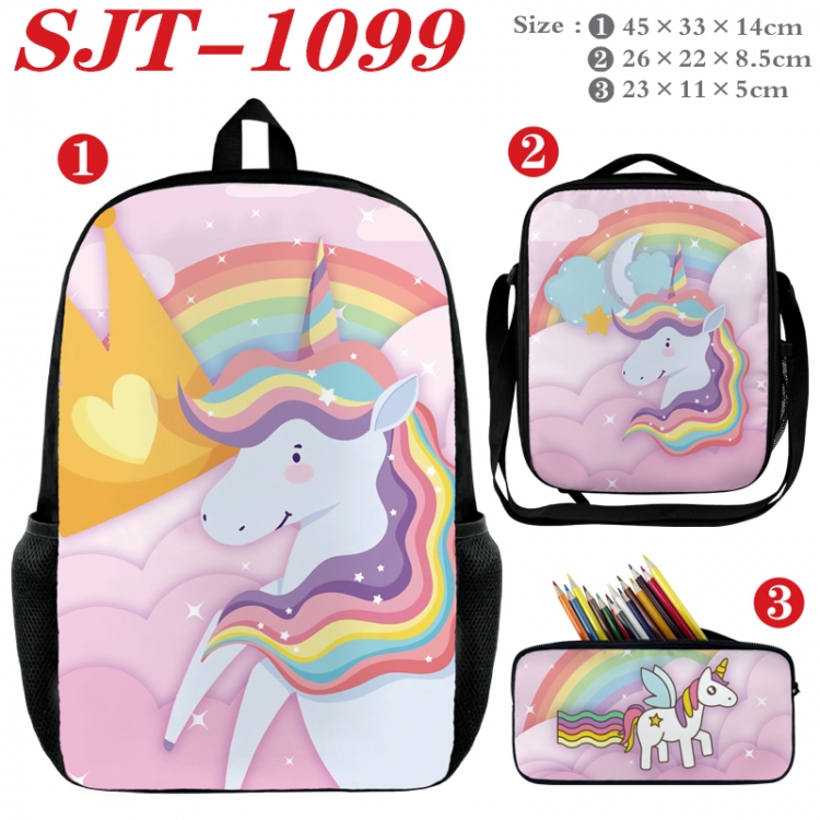 Unicorn Anime nylon canvas backpack pencil case crossbody bag three piece set 45x33x14cm