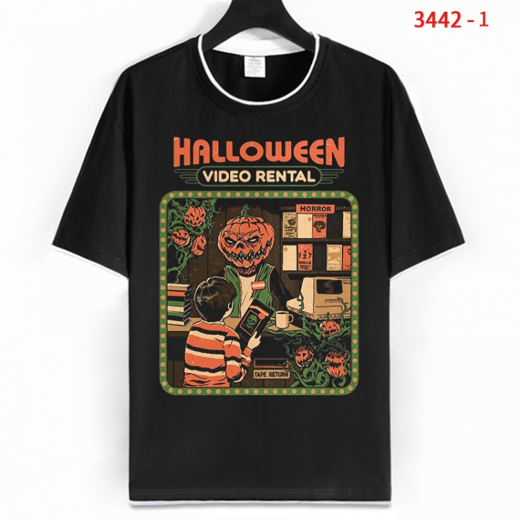Evil illustration Cotton crew neck black and white trim short-sleeved T-shirt from S to 4XL  HM-3442-1