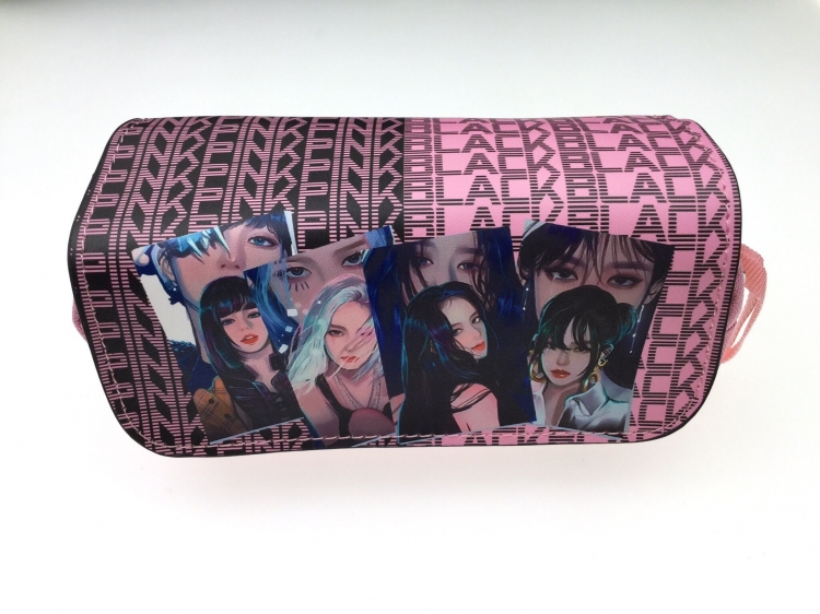 BLACK PINK Double zipper PU student stationery box pencil case 20X10X7.5M