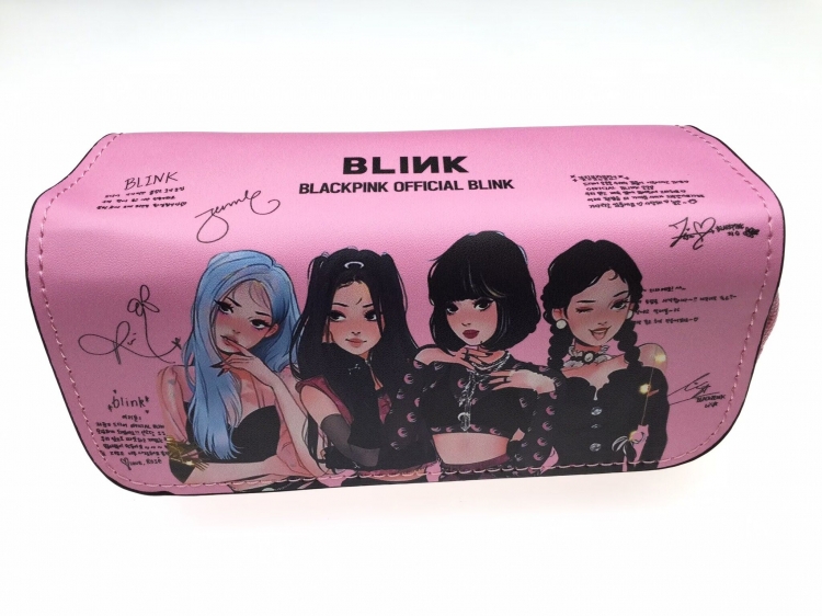 BLACK PINK Double zipper PU student stationery box pencil case 20X10X7.5M