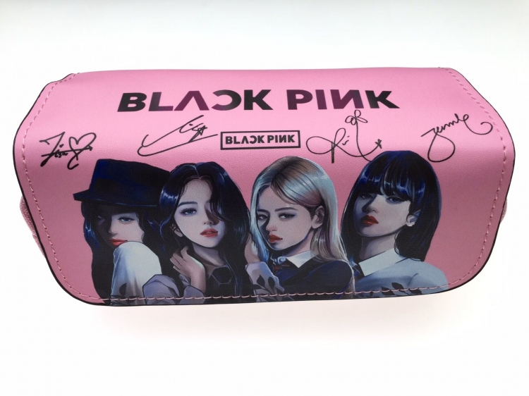 BLACK PINK Double zipper PU student stationery box pencil case 20X10X7.5M