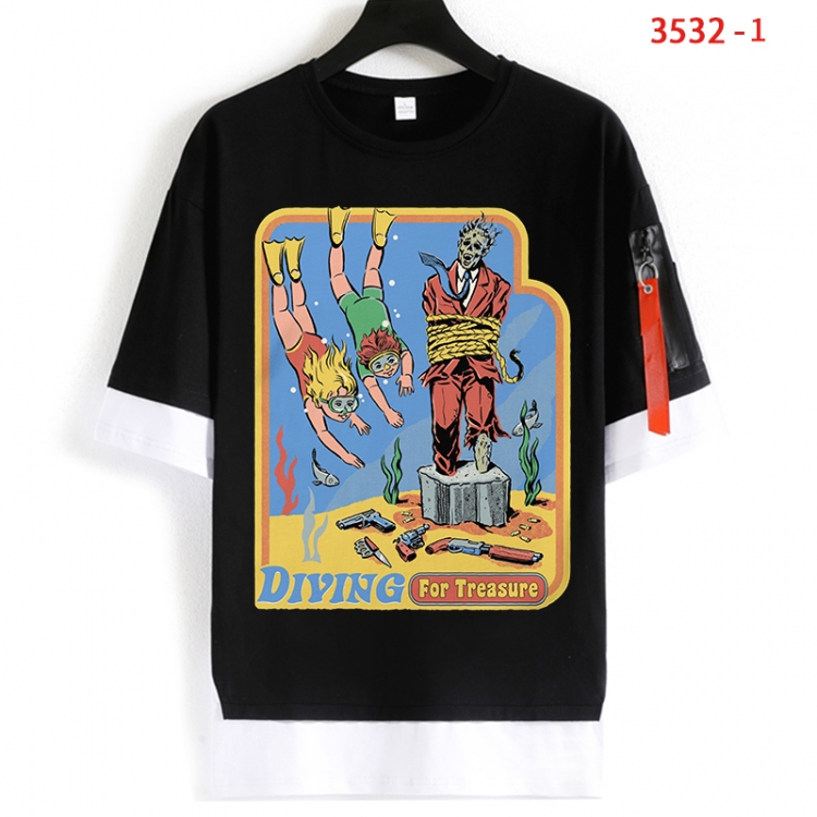 Evil illustration Cotton Crew Neck Fake Two-Piece Short Sleeve T-Shirt from S to 4XL HM-3532-1
