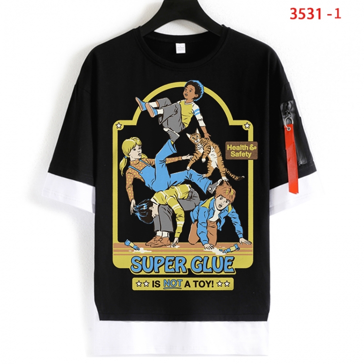 Evil illustration Cotton Crew Neck Fake Two-Piece Short Sleeve T-Shirt from S to 4XL HM-3531-1