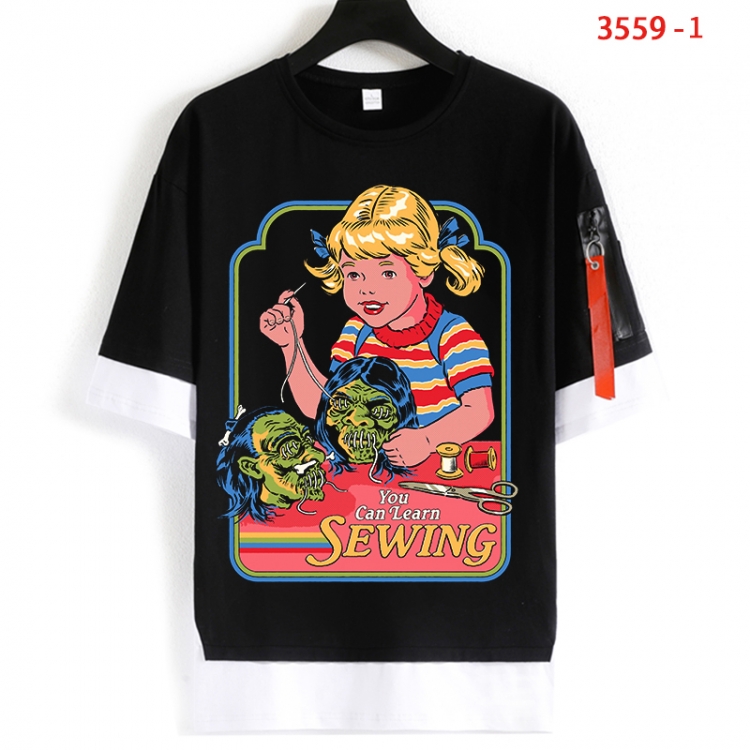 Evil illustration Cotton Crew Neck Fake Two-Piece Short Sleeve T-Shirt from S to 4XL HM-3559-1