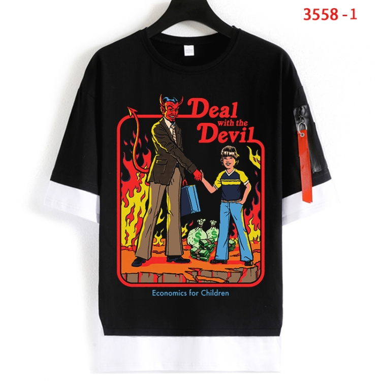 Evil illustration Cotton Crew Neck Fake Two-Piece Short Sleeve T-Shirt from S to 4XL HM-3558-1