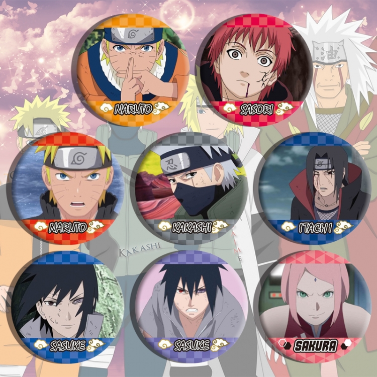 Naruto Anime tinplate brooch badge a set of 8