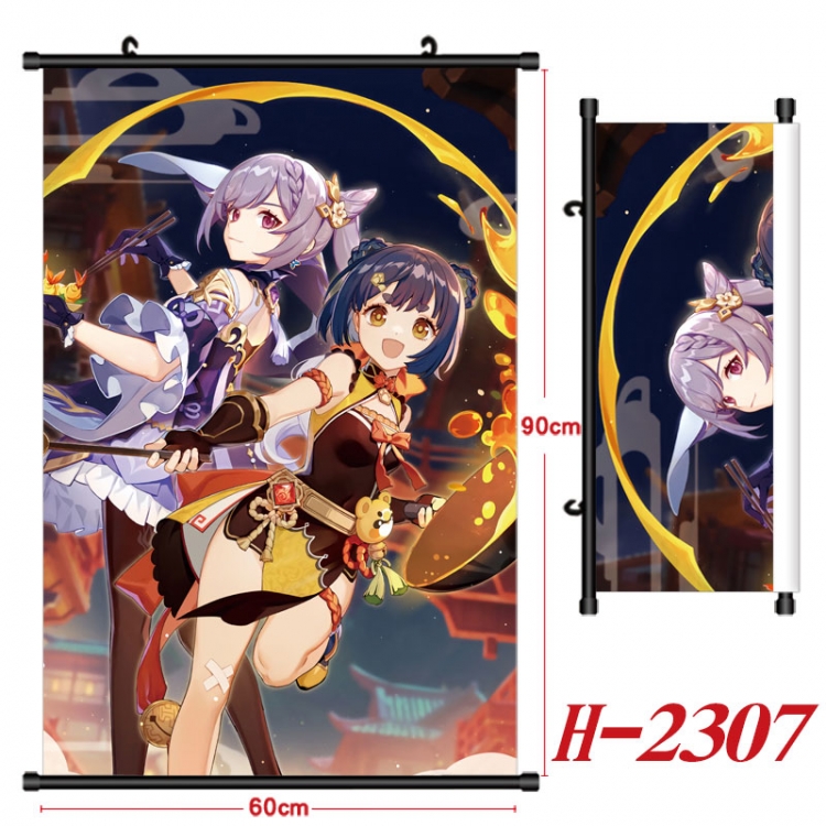 Genshin Impact Anime Black Plastic Rod Canvas Painting Wall Scroll 60X90CM  H-2307