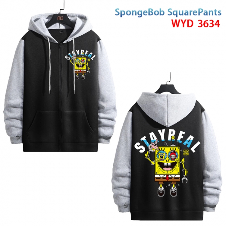 SpongeBob Anime black contrast gray pure cotton zipper patch pocket sweater from S to 3XL WYD-3634-3