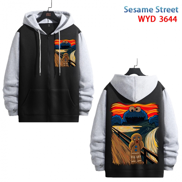 sesame street  Anime black contrast gray pure cotton zipper patch pocket sweater from S to 3XL WYD-3644-3