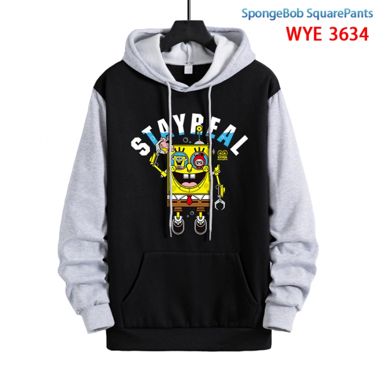 SpongeBob Anime black and gray pure cotton hooded patch pocket sweater from S to 3XL WYE-3634