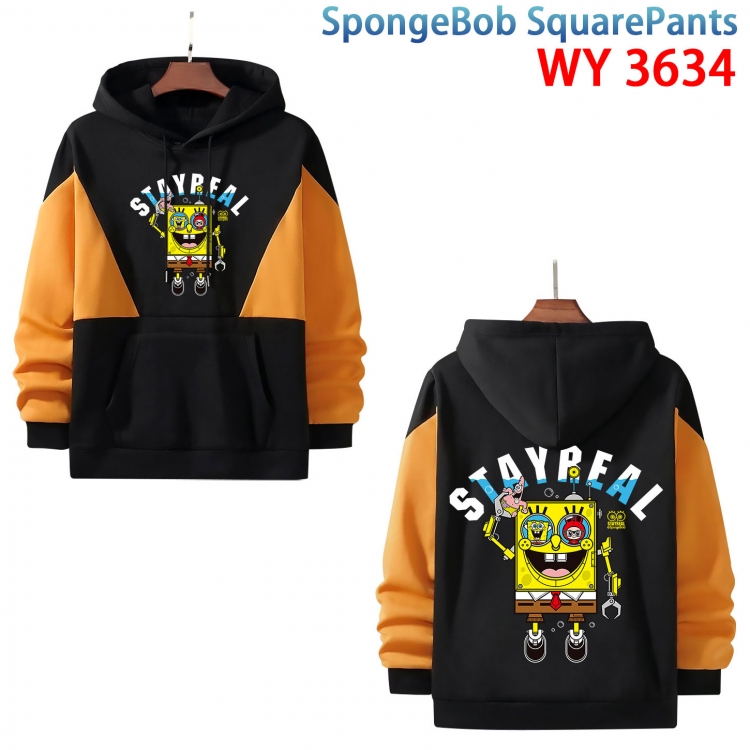 SpongeBob Anime black and yellow pure cotton hooded patch pocket sweater from S to 3XL WY-3634-3