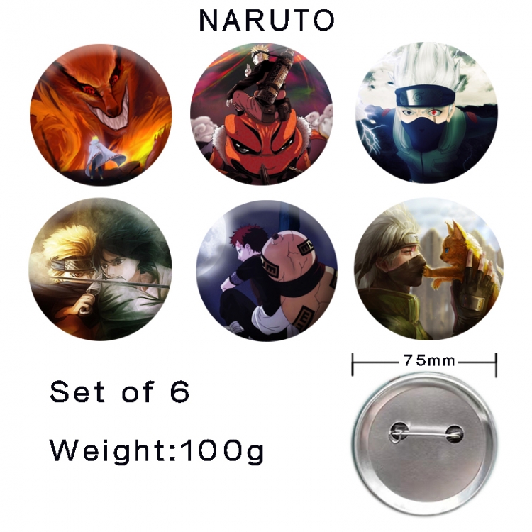 Naruto Anime tinplate laser iron badge badge badge 75mm  a set of 6