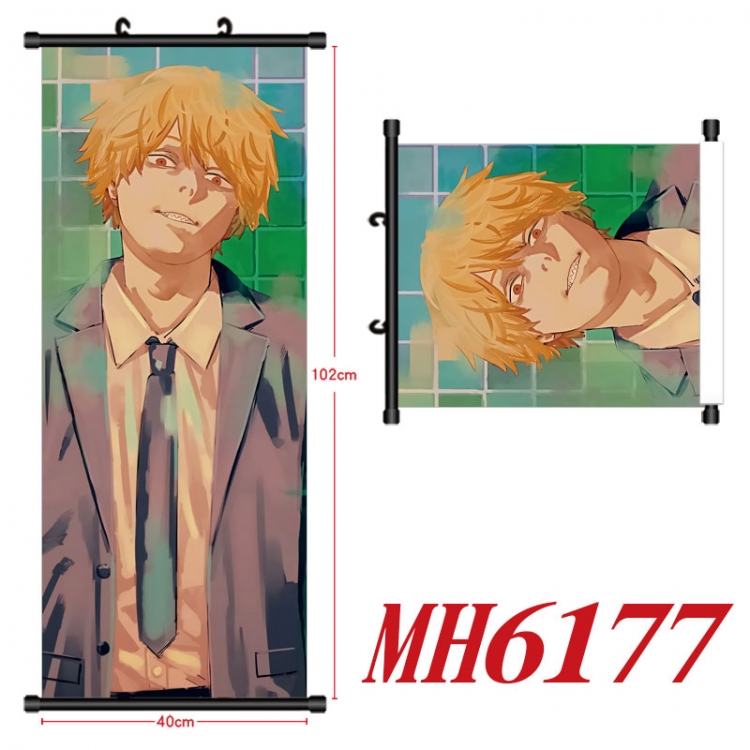 Chainsaw man Anime black Plastic rod Cloth painting Wall Scroll 40X102CM MH6177
