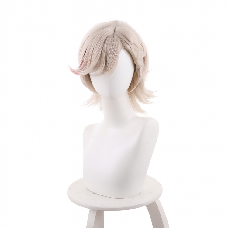 Cosplay game wig flax color highlights pink shape semi tied Fried Dough Twists braid short hair Cosplay game wig flax co