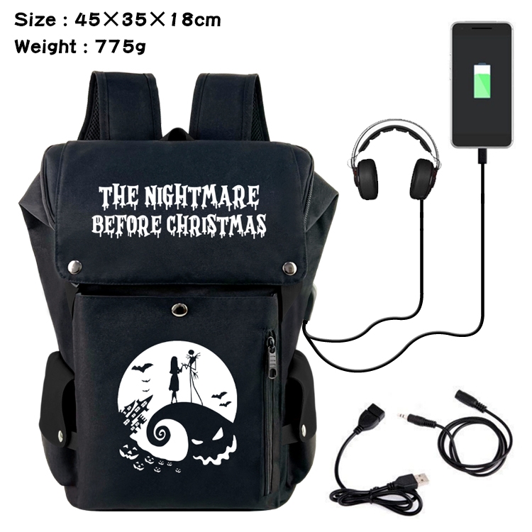 The Nightmare Before Christmas Anime Canvas Bucket Data Cable Backpack School Bag 45X35X18CM 775G