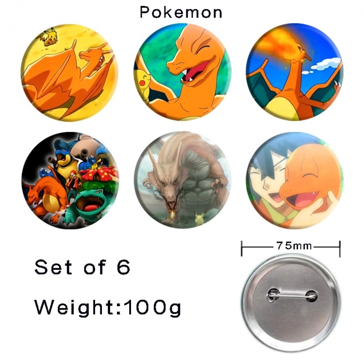 Pokemon Anime Tinplate Bright Film Emblem Badge 75mm a set of 6