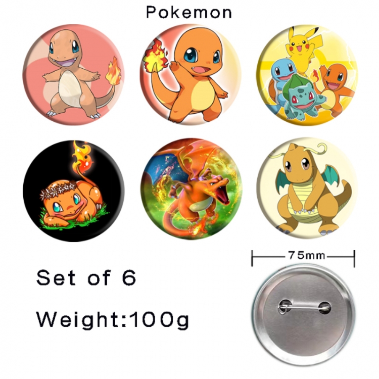 Pokemon Anime Tinplate Bright Film Emblem Badge 75mm a set of 6