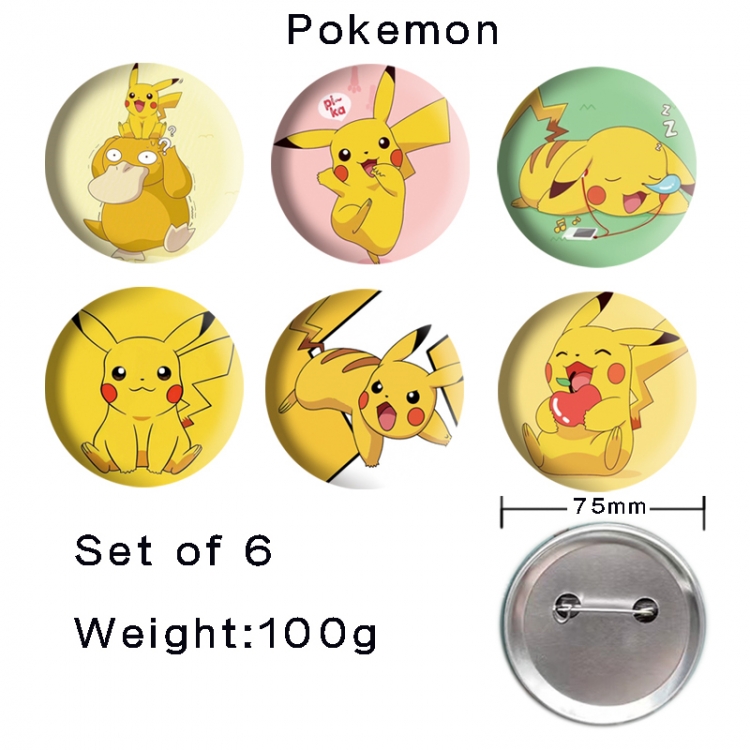 Pokemon Anime Tinplate Bright Film Emblem Badge 75mm a set of 6