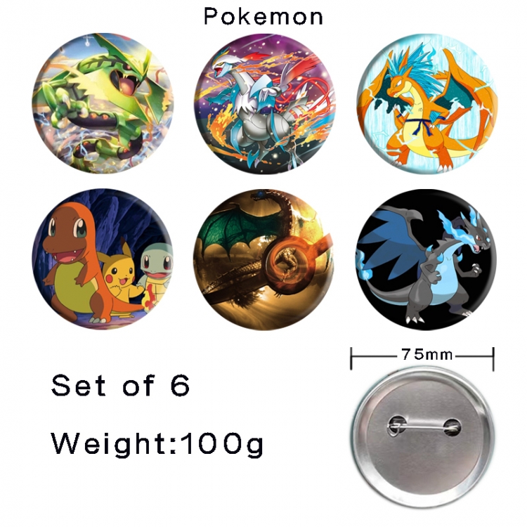 Pokemon Anime Tinplate Bright Film Emblem Badge 75mm a set of 6