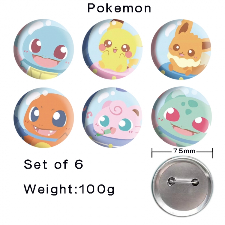 Pokemon Anime Tinplate Bright Film Emblem Badge 75mm a set of 6