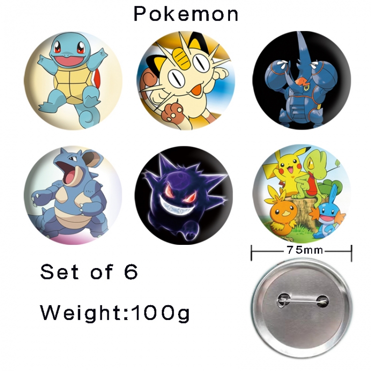 Pokemon Anime Tinplate Bright Film Emblem Badge 75mm a set of 6