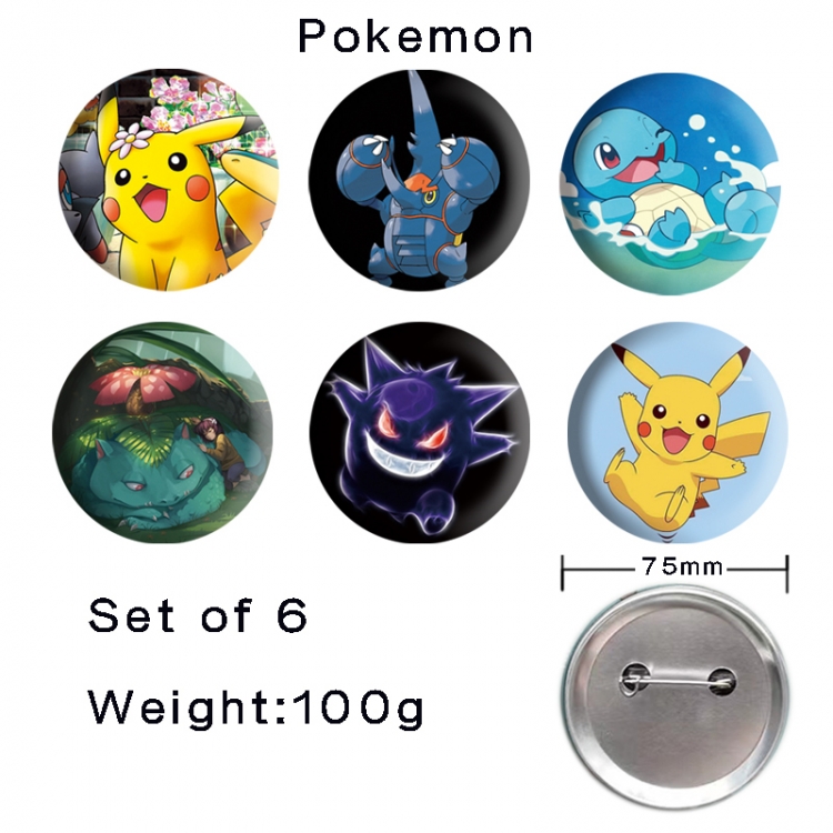 Pokemon Anime Tinplate Bright Film Emblem Badge 75mm a set of 6