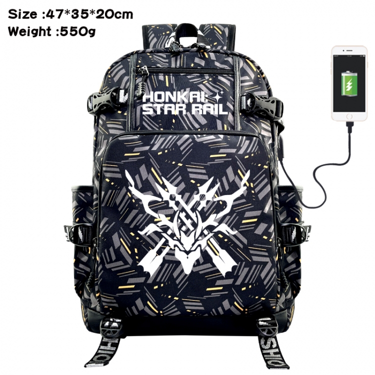 Honkai: Star Rail Anime data cable camouflage print USB backpack schoolbag 47x35x20cm