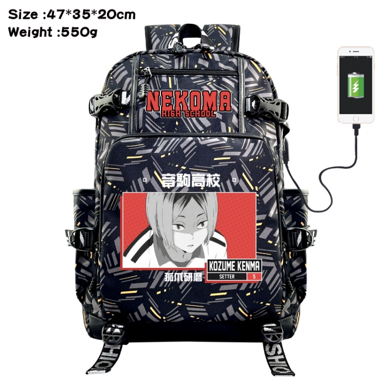 Haikyuu!! Anime data cable camouflage print USB backpack schoolbag 47x35x20cm